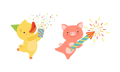Cute Animal with Fireworks Enjoying Holiday Celebration Vector Set
