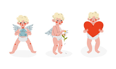 Cute Blond Cupid Boy Holding Red Heart and Plucking Camomile Petals Vector Set