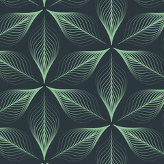 linear vector pattern, repeating abstract leaves, green line of leaf or flower, floral in dark background. graphic clean design for fabric, event, wallpaper etc. pattern is on swatches panel. - 448392117