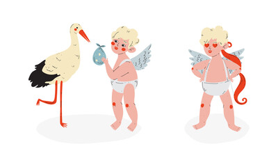 Cute Blond Cupid Boy with Bow and Stork Vector Set