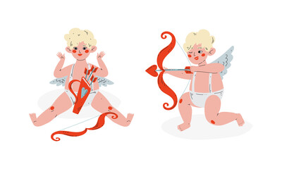 Cute Blond Cupid Boy Sitting with Bow and Arrow Vector Set