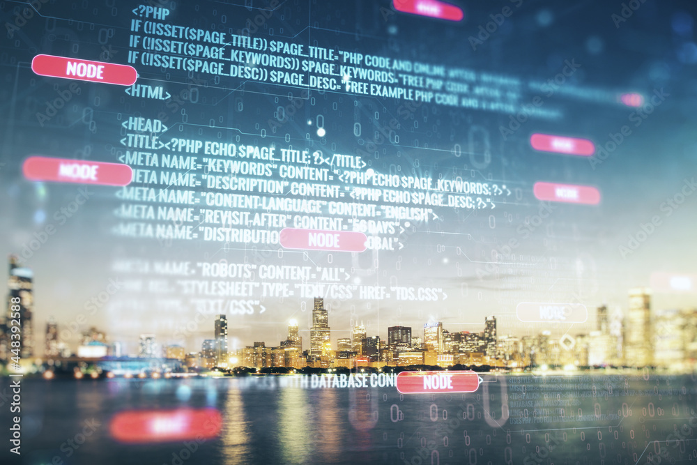 Poster multi exposure of abstract graphic coding sketch on chicago cityscape background, big data and netwo
