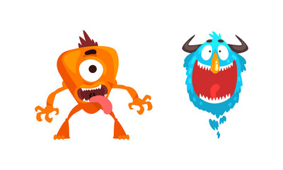 Monster with Wide Open Toothy Mouth in Frightening Pose Vector Set