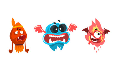 Monster with Wide Open Toothy Mouth in Frightening Pose Vector Set