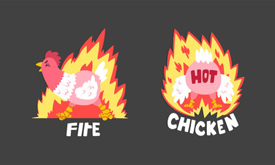 Hot Spicy Chicken with Fire as Grill and Roast Sticker Vector Set