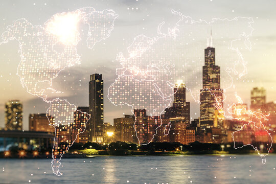 Multi exposure of abstract graphic world map on Chicago cityscape background, big data and networking concept © Pixels Hunter