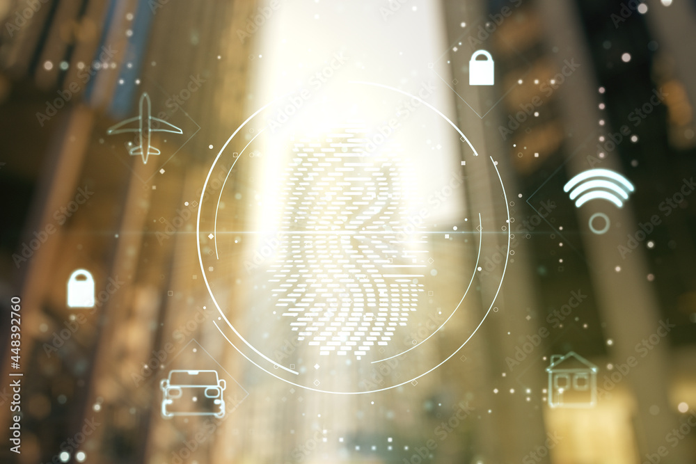 Poster Multi exposure of virtual fingerprint scan interface on blurry cityscape background, digital access concept