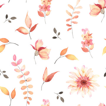 Floral seamless pattern with autumn leaves, branches and flowers. Watercolor delicate print on white background.