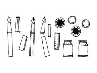 Doodle art of fountain pen and ink set. Graphic element for office and school concept.