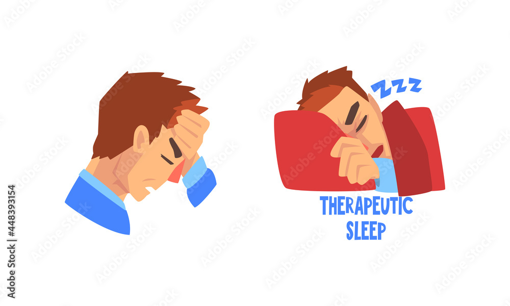 Sticker man suffering from severe headache holding hand against forehead and having therapeutic sleep vector