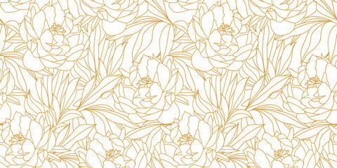 Seamless pattern with gold lines, beautiful leaves of peonies, flowers, and buds of white color.