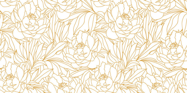 Seamless Pattern With Gold Lines, Beautiful Leaves Of Peonies, Flowers, And Buds Of White Color.