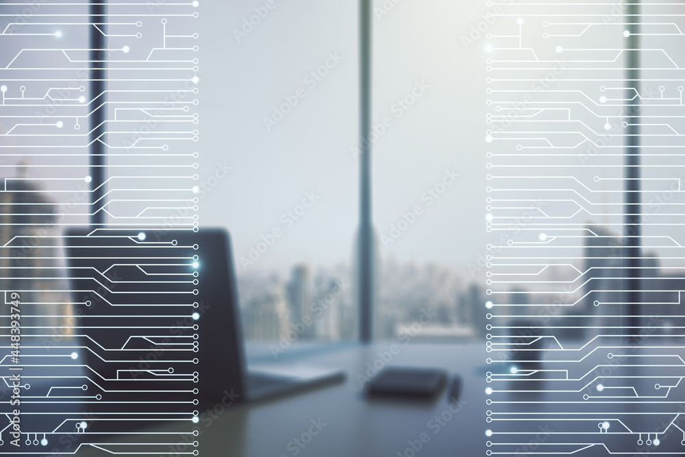 Poster creative abstract micro chip hologram and modern desktop with pc on background, artificial intellige
