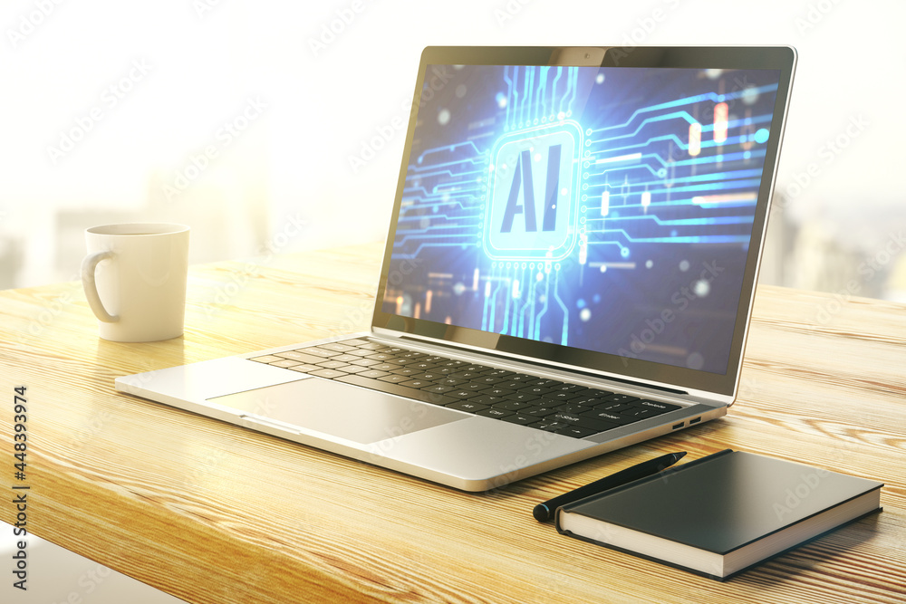 Poster Modern computer monitor with creative artificial Intelligence icon. Neural networks and machine learning concept. 3D Rendering