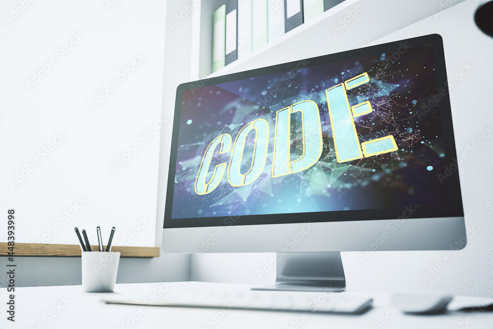 Fototapete creative code word sign on modern computer monitor, international software development concept. 3d r