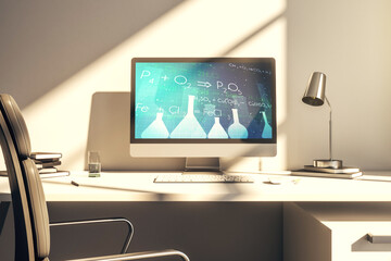 Creative chemistry illustration on modern computer monitor, science and research concept. 3D Rendering
