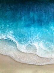 Top view on sea wave with white foam and light beige sand. Fluid, pour drawing of epoxy resin. Summer sunny beach painting, seascape, blue, azure, turquoise color of water, shore. 
