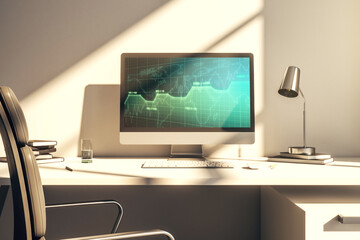 Computer monitor with abstract creative analytics data spreadsheet, analytics and analysis concept. 3D Rendering
