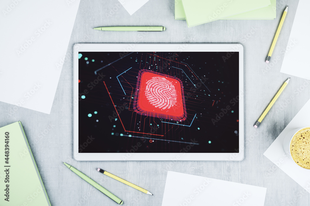 Poster Modern digital tablet monitor with abstract fingerprint scan interface, digital access concept. Top view. 3D Rendering