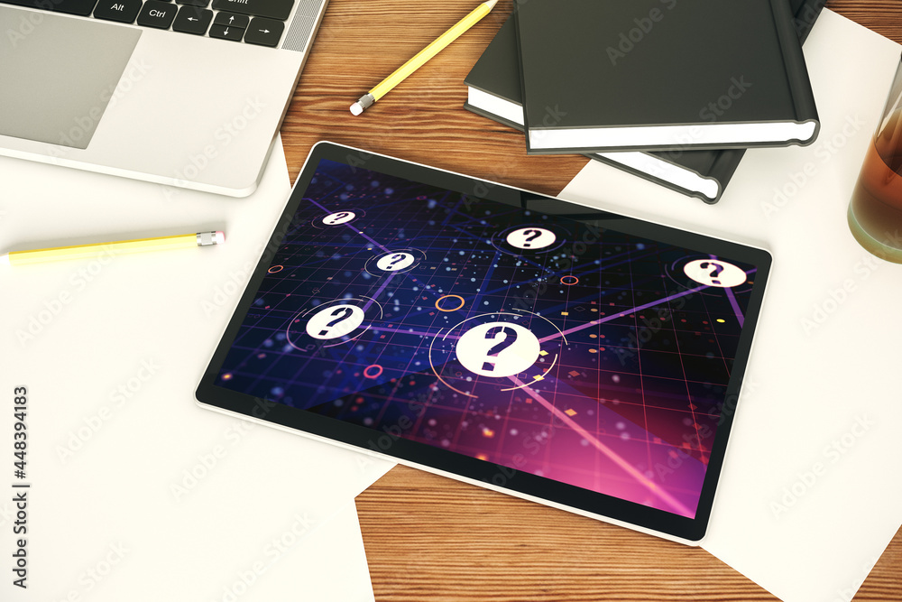 Aufkleber Creative abstract question mark sketch on modern digital tablet screen, FAQ and research concept. Top view. 3D Rendering