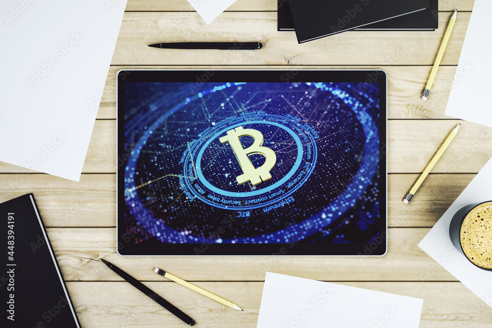 Poster Creative Bitcoin concept on modern digital tablet screen. Top view. 3D Rendering
