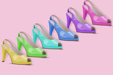Trendy fashion pattern made of many elegant sandals in different colors with high heels on a pink background.