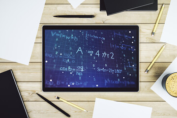 Creative scientific formula illustration on modern digital tablet display, science and research...