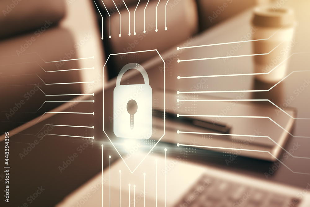 Poster creative idea concept with lock symbol and microcircuit illustration on modern laptop background. pr