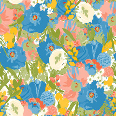 Seamless pattern with bright flowers drawn by paint