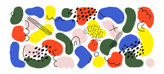 Abstract background with hand drawn doodle objects and various organic shapes. Modern collage for pre-made poster or print. Multicolored vector illustration. Stroked paths are editable