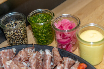 Still life, food and drink, holidays concept. Assortment of Danish alá spanish tapas or italian antipasti