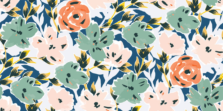 Simple seamless pattern of hand drawn gouache flowers, abstract colorful background.