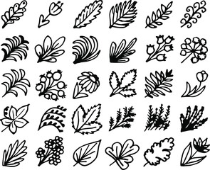 set of simple cast flowers doodles. abstract floral illustration. hand drawn vector graphics. black and white illustration