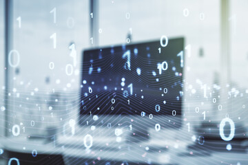 Creative abstract binary code sketch on modern laptop background, hacking and matrix concept....