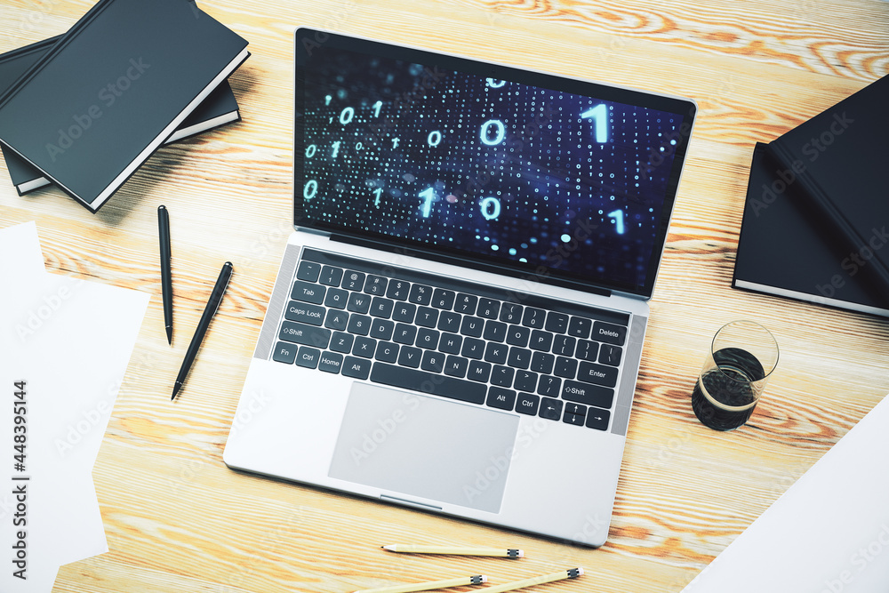 Poster modern computer monitor with creative abstract binary code hologram. database and programming concep