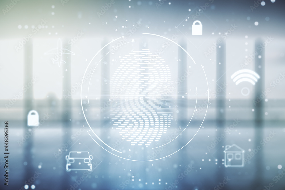 Poster Multi exposure of virtual creative fingerprint hologram on empty corporate office background, personal biometric data concept