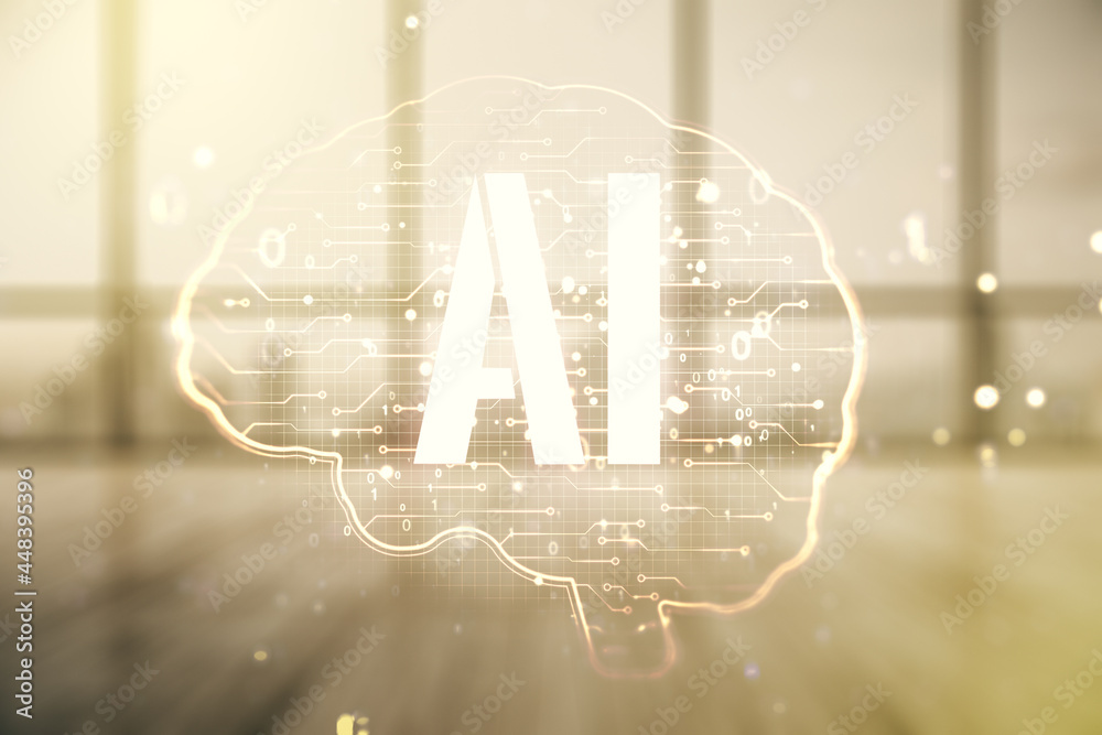 Poster Double exposure of creative artificial Intelligence interface on empty modern office background. Neural networks and machine learning concept