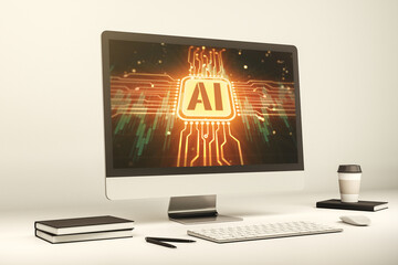 Creative artificial Intelligence symbol concept on modern laptop screen. 3D Rendering