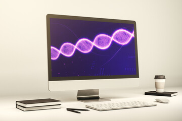 Creative concept with DNA symbol illustration on modern laptop screen. Genome research concept. 3D Rendering
