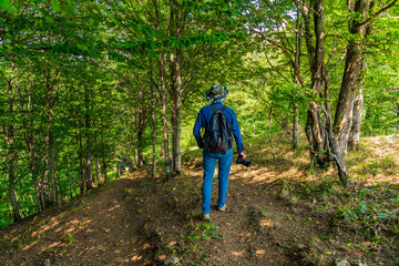 Photographer traveler with a backpack walks in forest along the path