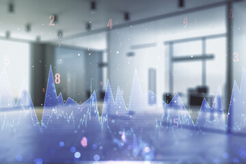 Double exposure of abstract virtual statistics data hologram on modern corporate office background, statistics and analytics concept