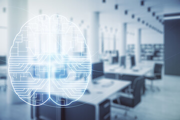 Virtual creative artificial Intelligence hologram with human brain sketch on a modern furnished classroom background. Double exposure