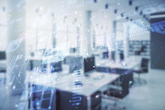 Double exposure of abstract creative programming illustration on a modern furnished office interior background, big data and blockchain concept