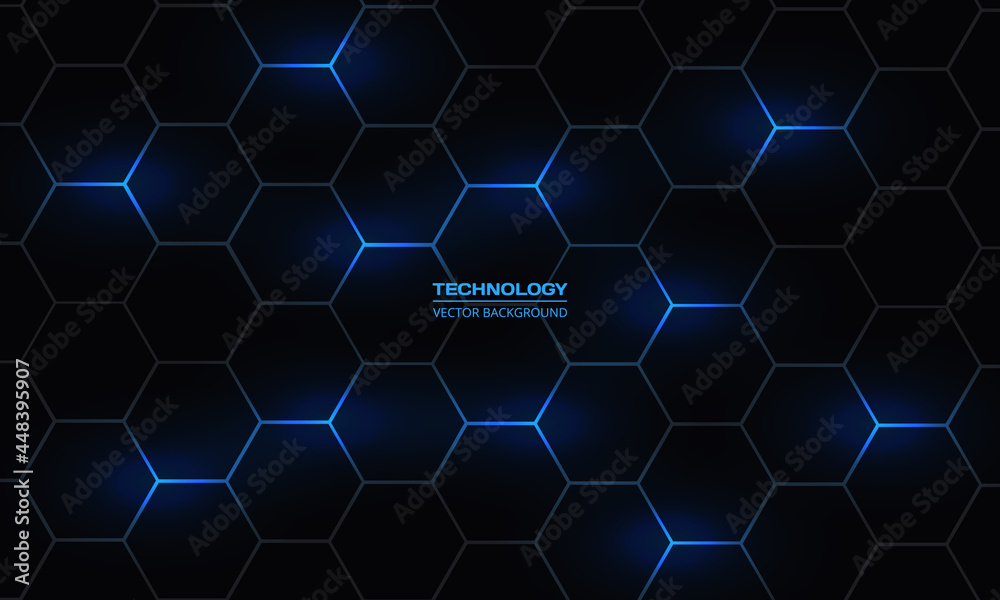 Poster Dark hexagonal abstract vector technology background. Blue bright energy flashes under hexagon in modern technology futuristic background vector illustration. Dark honeycomb texture grid.