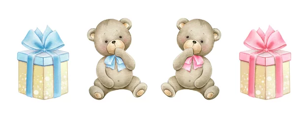 Fotobehang Cute little bears with gift boxes.Watercolor illustration isolated on white background. © Lora