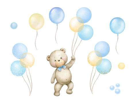 Cute little bears boys with blue and gold air balloons.Watercolor illustration for baby boy shower isolated on white background.