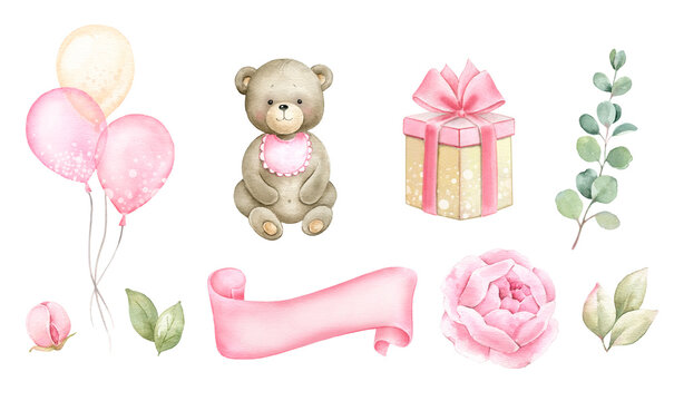 Newborn Baby girl clipart set.Little bear,air ballons,gift boxes,banner,flowers for baby shower invitations.Watercolor illustration isolated on white background..