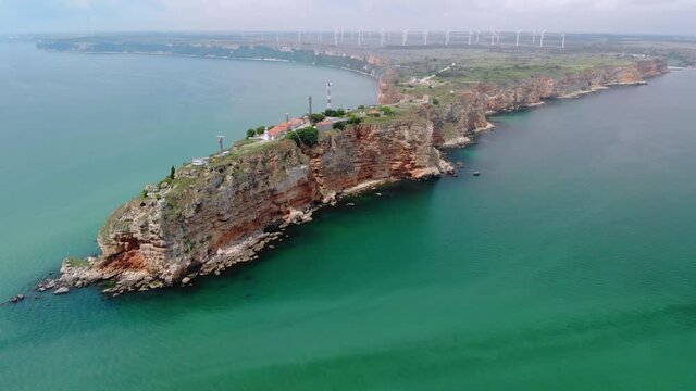 Aerial view of Cape Kaliakra. Drone flies around the cape.