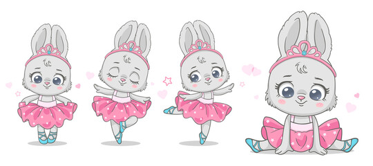 Vector illustration of a cute baby  bunny ballerina in pink tutu with crown. - obrazy, fototapety, plakaty