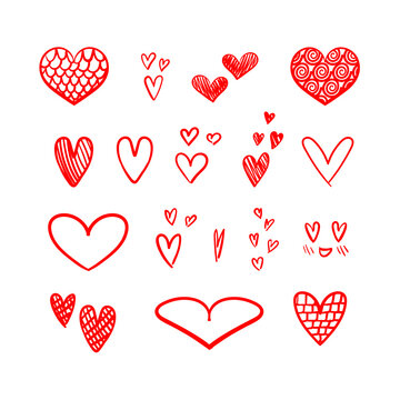 Vector Set of Red Hand Drawn Heart Isolated on White Background, Design Elements for Valentines Day or Wedding.
